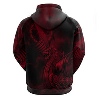 Viking Dragon Longship Helm of Awe Zip Hoodie Nordic Mythology Tribal Engraving Style