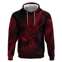 Viking Dragon Longship Helm of Awe Zip Hoodie Nordic Mythology Tribal Engraving Style