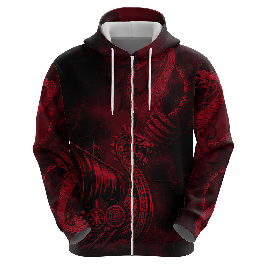 Viking Dragon Longship Helm of Awe Zip Hoodie Nordic Mythology Tribal Engraving Style