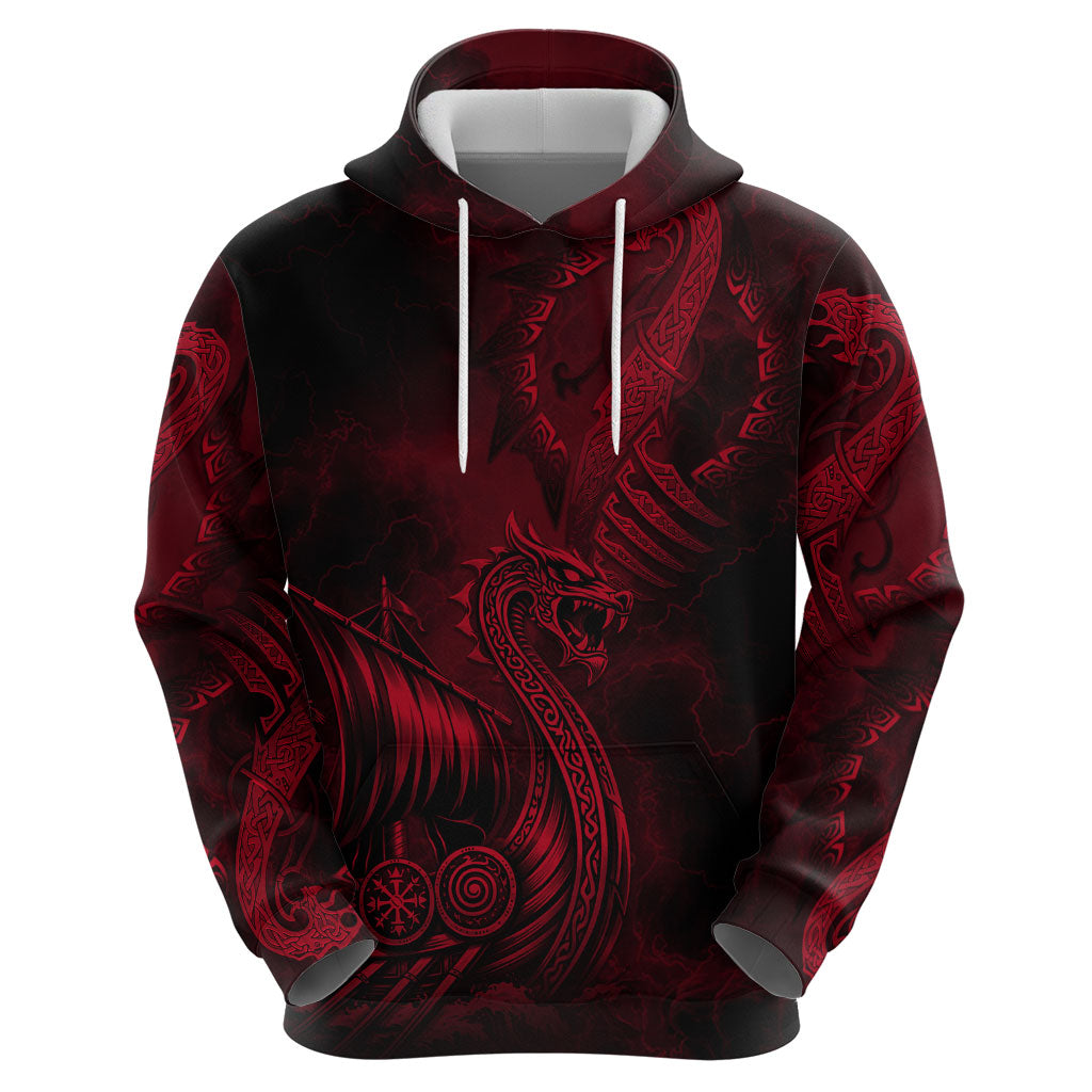 Viking Dragon Longship Helm of Awe Zip Hoodie Nordic Mythology Tribal Engraving Style
