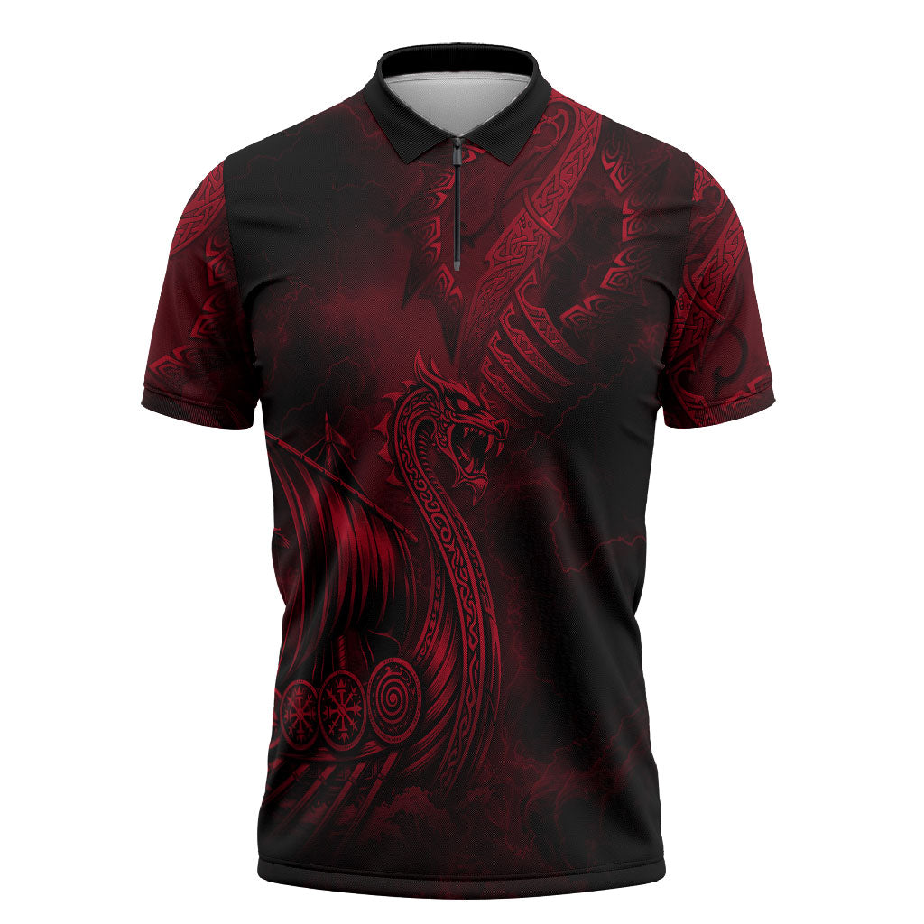 Viking Dragon Longship Helm of Awe Zipper Polo Shirt Nordic Mythology Tribal Engraving Style