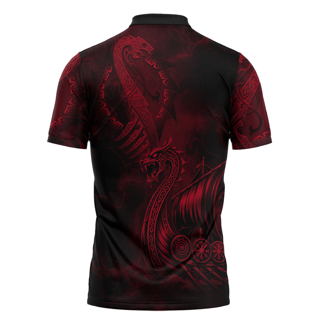Viking Dragon Longship Helm of Awe Zipper Polo Shirt Nordic Mythology Tribal Engraving Style