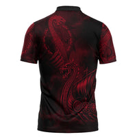 Viking Dragon Longship Helm of Awe Zipper Polo Shirt Nordic Mythology Tribal Engraving Style