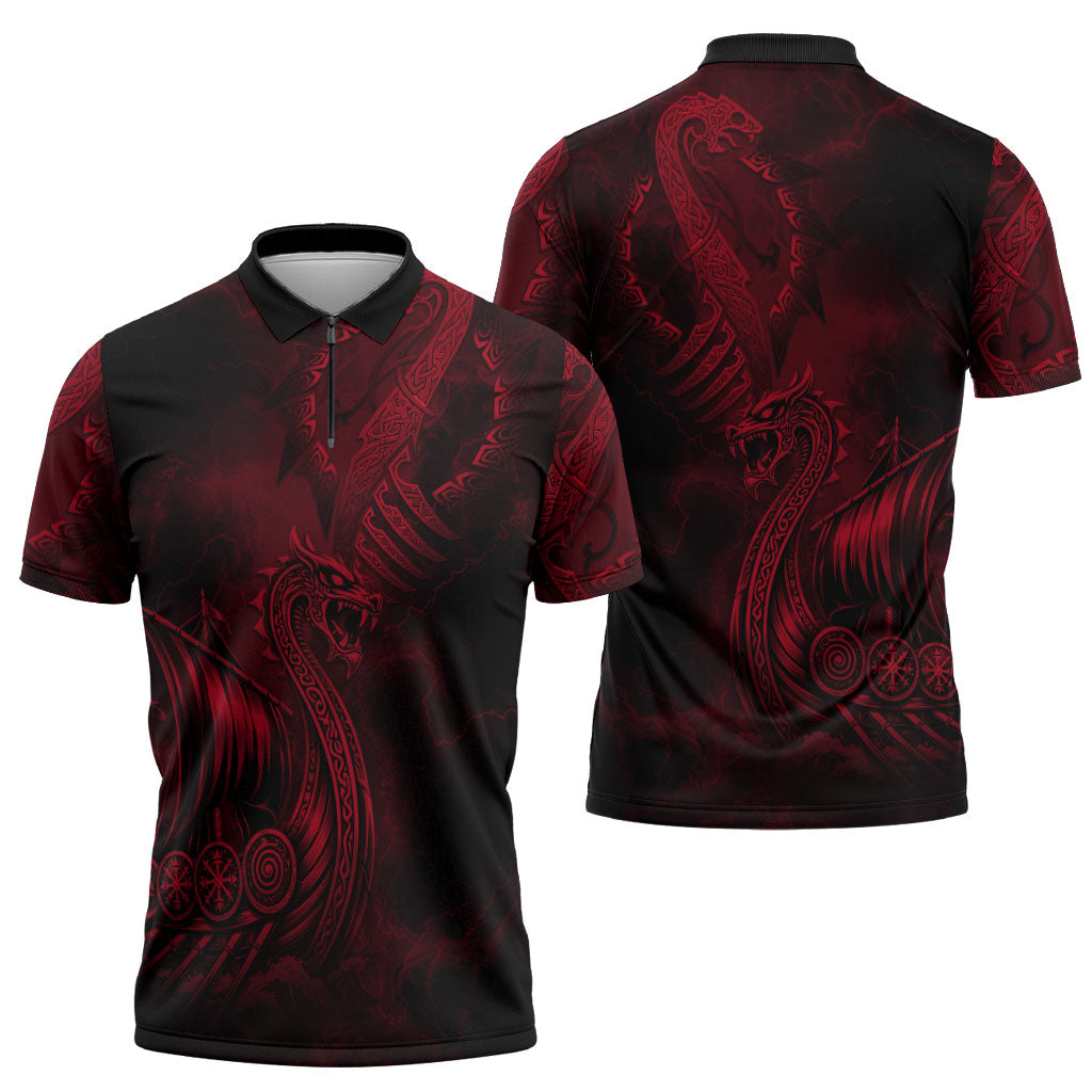 Viking Dragon Longship Helm of Awe Zipper Polo Shirt Nordic Mythology Tribal Engraving Style