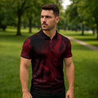 Viking Dragon Longship Helm of Awe Zipper Polo Shirt Nordic Mythology Tribal Engraving Style