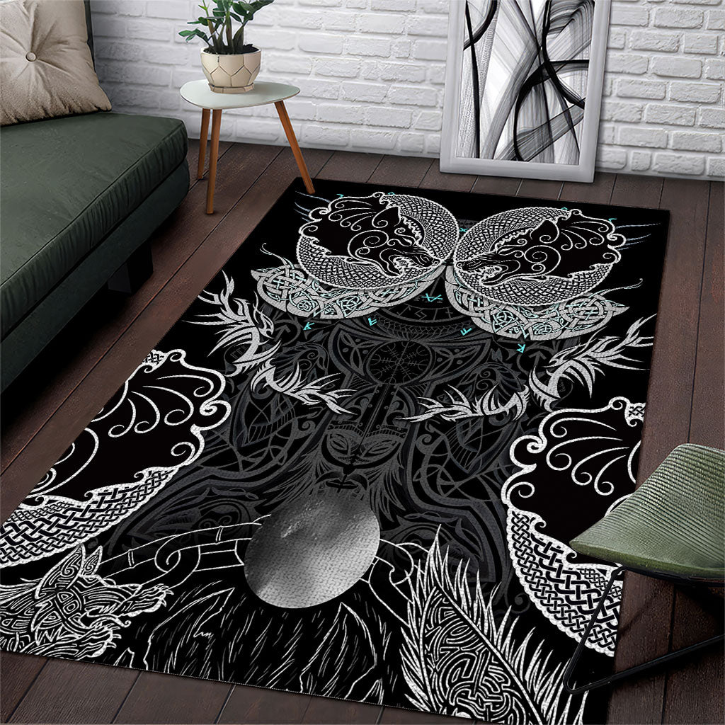 Viking Odin Ravens Wolves Vegvisir Area Rug Nordic Knotwork Mythology Engraving Style
