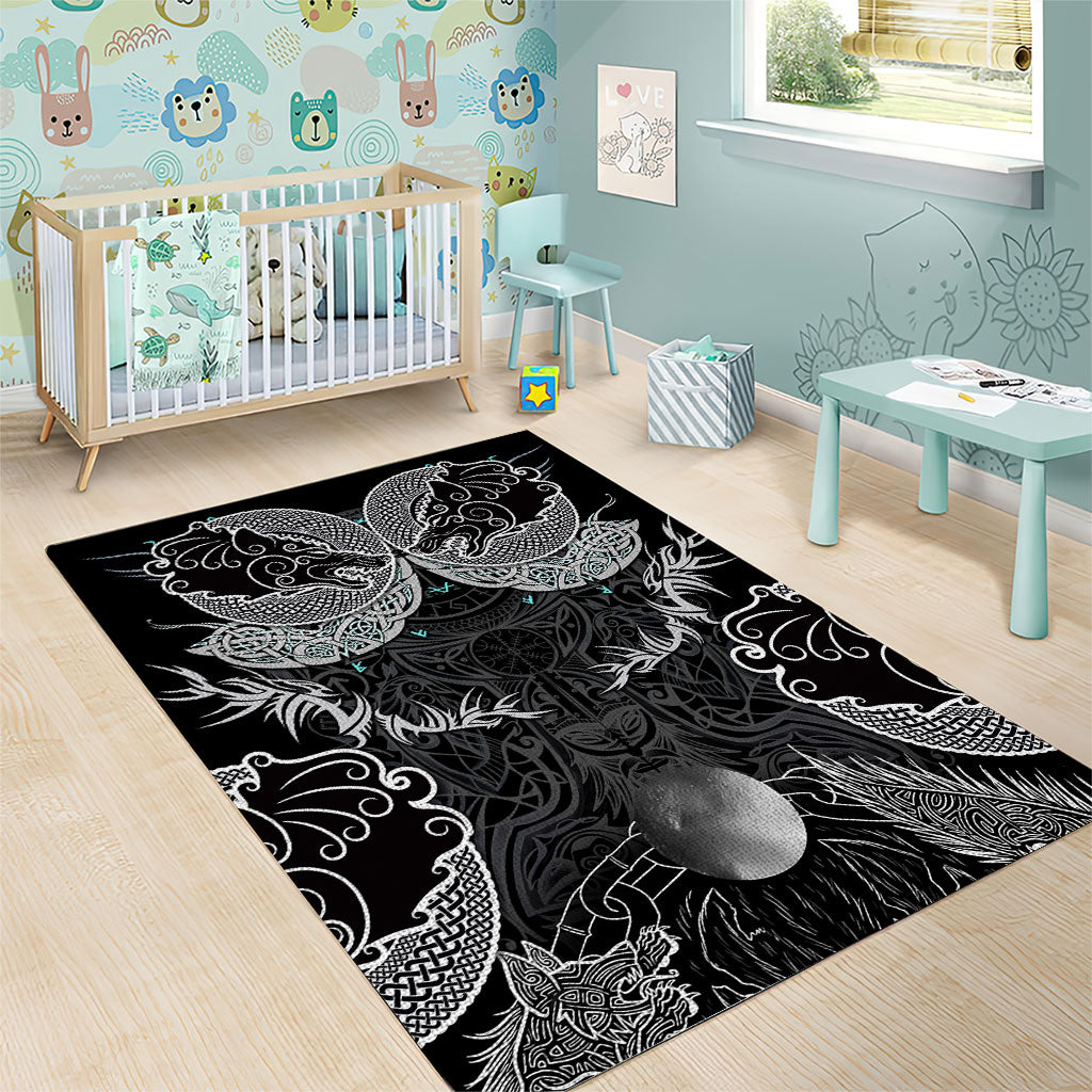 Viking Odin Ravens Wolves Vegvisir Area Rug Nordic Knotwork Mythology Engraving Style
