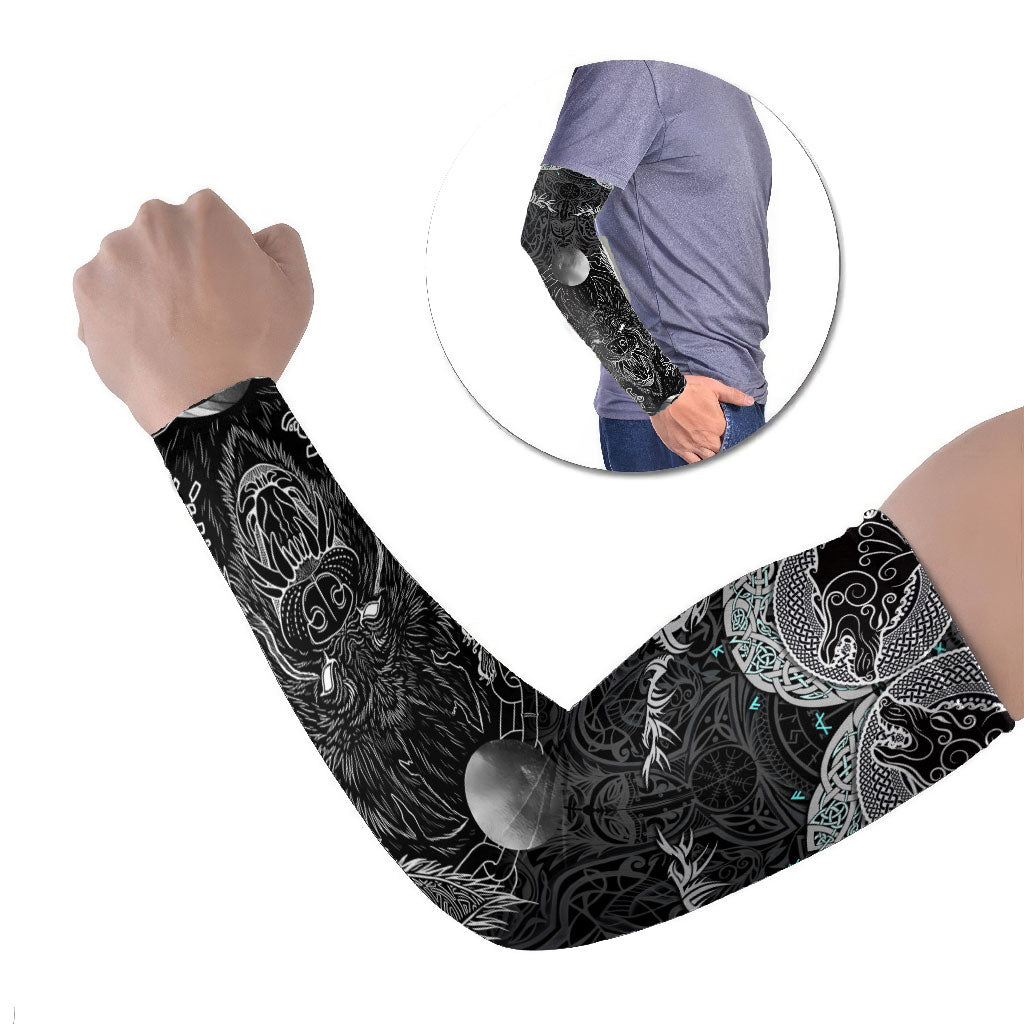 Viking Odin Ravens Wolves Vegvisir Arm Sleeves Nordic Knotwork Mythology Engraving Style