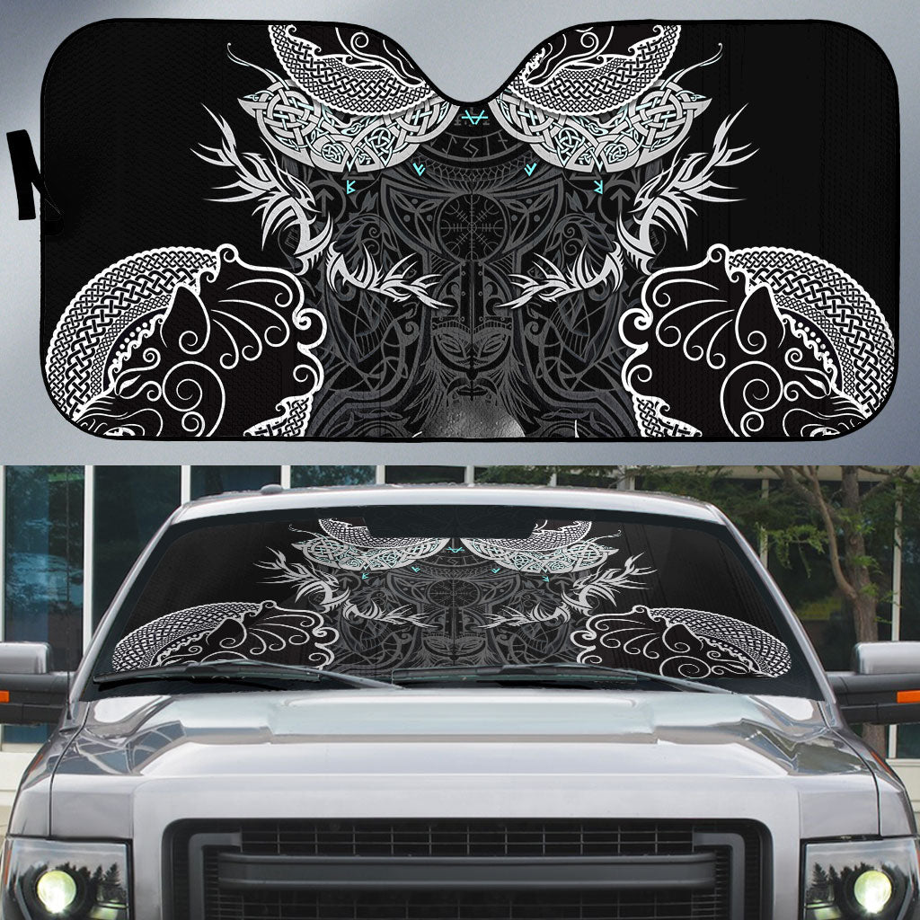 Viking Odin Ravens Wolves Vegvisir Auto Sun Shade Nordic Knotwork Mythology Engraving Style