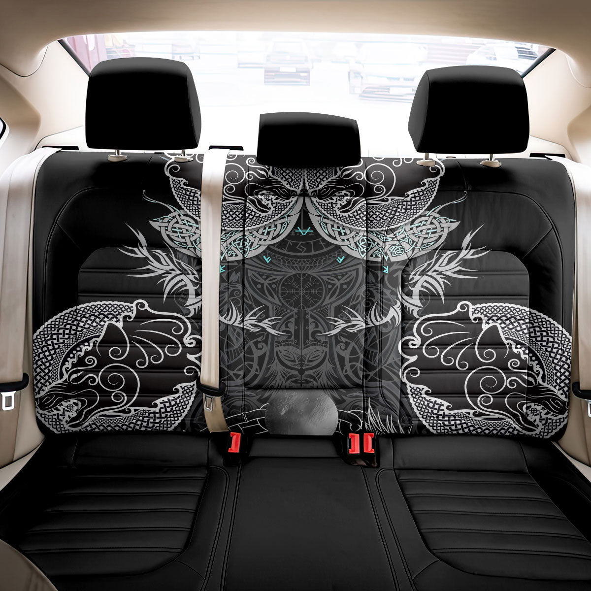 Viking Odin Ravens Wolves Vegvisir Back Car Seat Cover Nordic Knotwork Mythology Engraving Style
