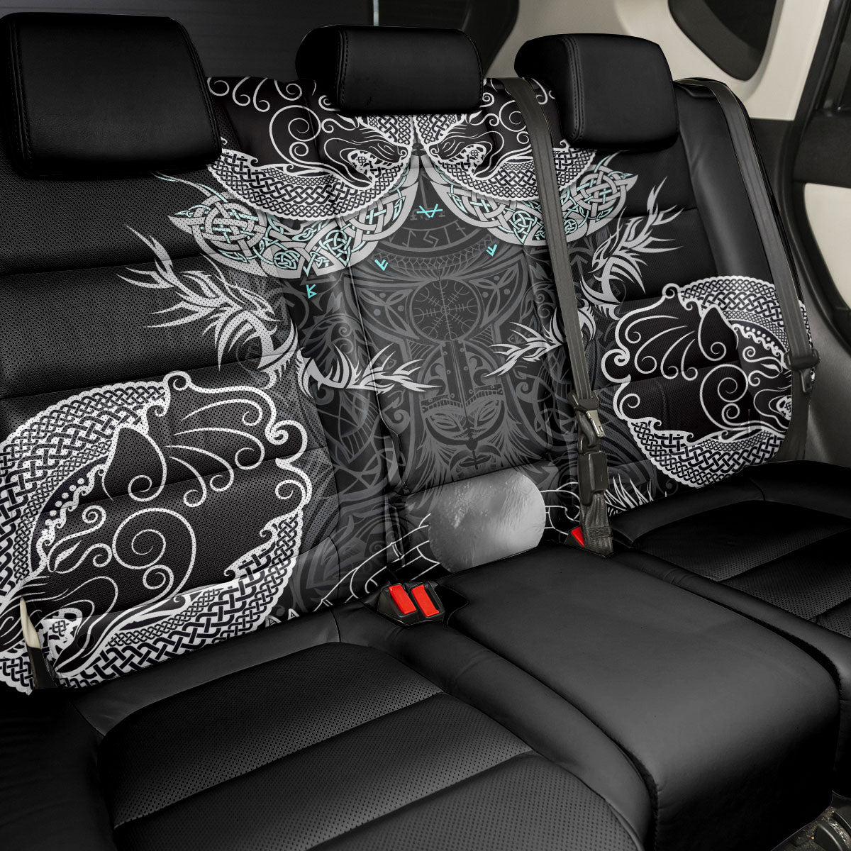 Viking Odin Ravens Wolves Vegvisir Back Car Seat Cover Nordic Knotwork Mythology Engraving Style