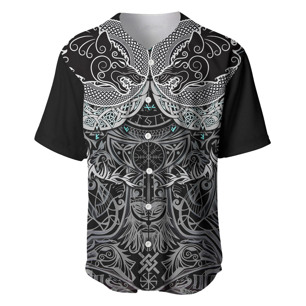 Viking Odin Ravens Wolves Vegvisir Baseball Jersey Nordic Knotwork Mythology Engraving Style