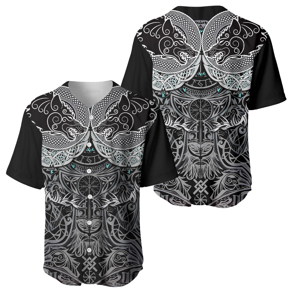 Viking Odin Ravens Wolves Vegvisir Baseball Jersey Nordic Knotwork Mythology Engraving Style