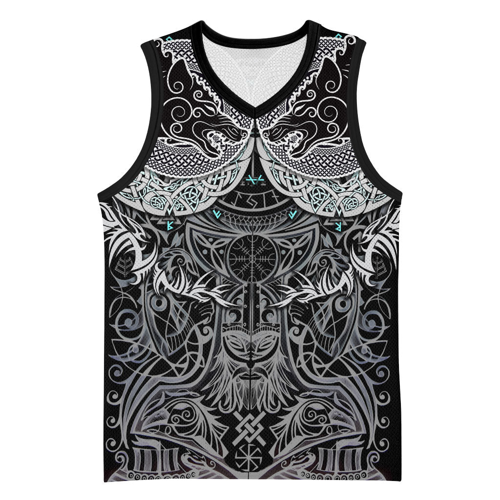 Viking Odin Ravens Wolves Vegvisir Basketball Jersey Nordic Knotwork Mythology Engraving Style
