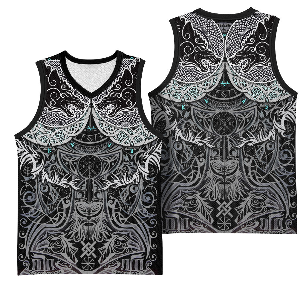 Viking Odin Ravens Wolves Vegvisir Basketball Jersey Nordic Knotwork Mythology Engraving Style