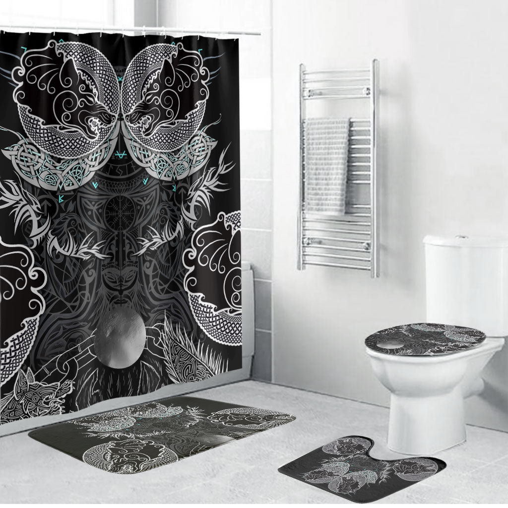 Viking Odin Ravens Wolves Vegvisir Bathroom Set Nordic Knotwork Mythology Engraving Style
