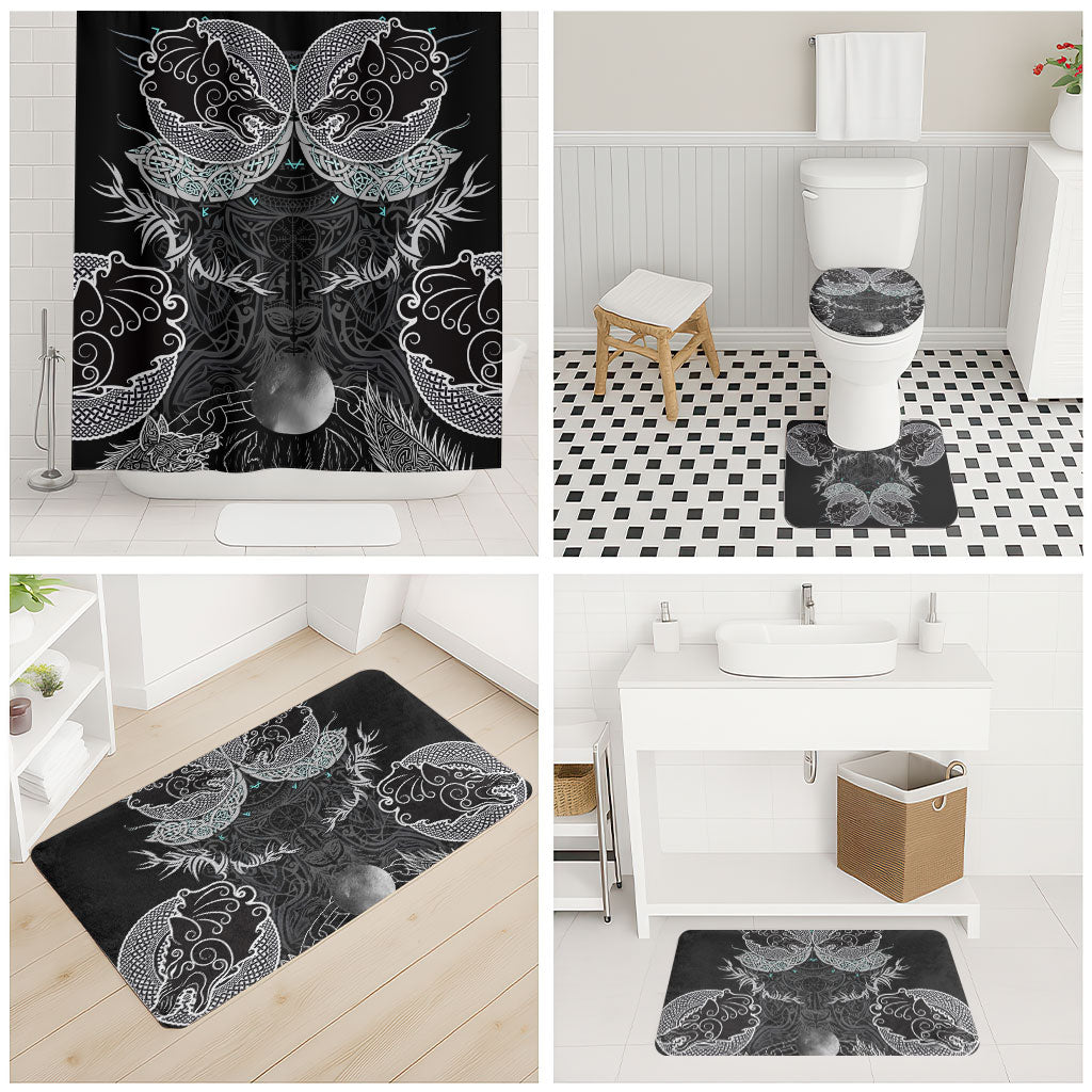 Viking Odin Ravens Wolves Vegvisir Bathroom Set Nordic Knotwork Mythology Engraving Style