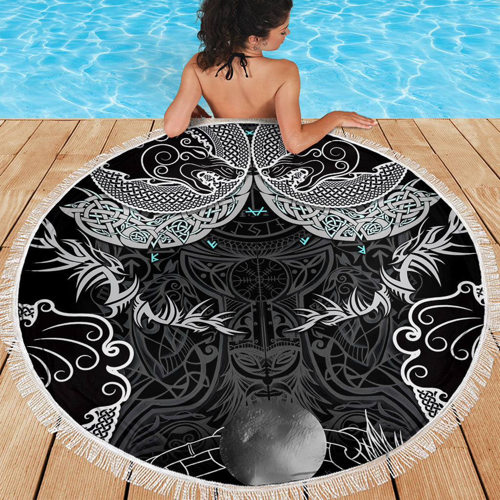Viking Odin Ravens Wolves Vegvisir Beach Blanket Nordic Knotwork Mythology Engraving Style