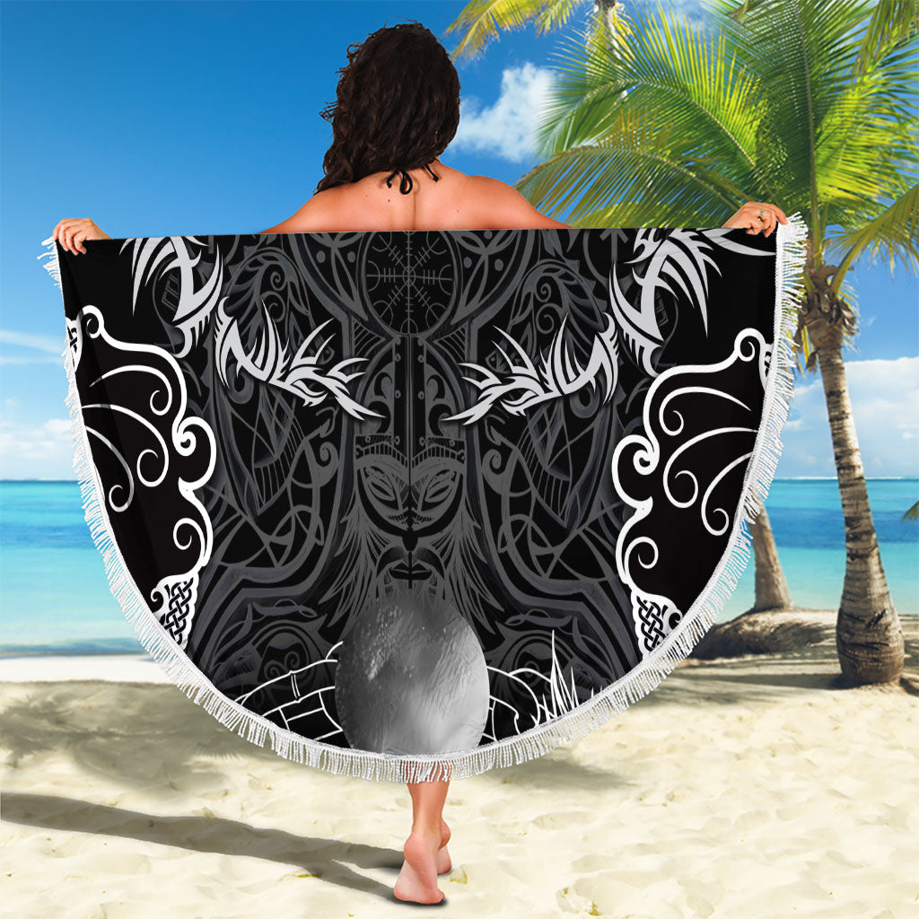 Viking Odin Ravens Wolves Vegvisir Beach Blanket Nordic Knotwork Mythology Engraving Style