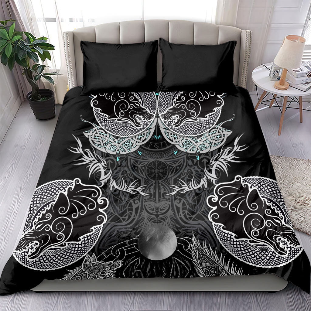 Viking Odin Ravens Wolves Vegvisir Bedding Set Nordic Knotwork Mythology Engraving Style