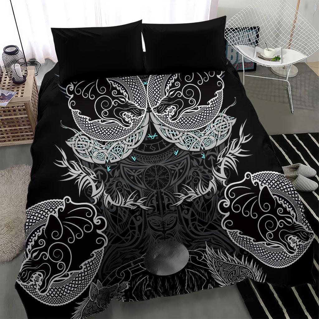Viking Odin Ravens Wolves Vegvisir Bedding Set Nordic Knotwork Mythology Engraving Style