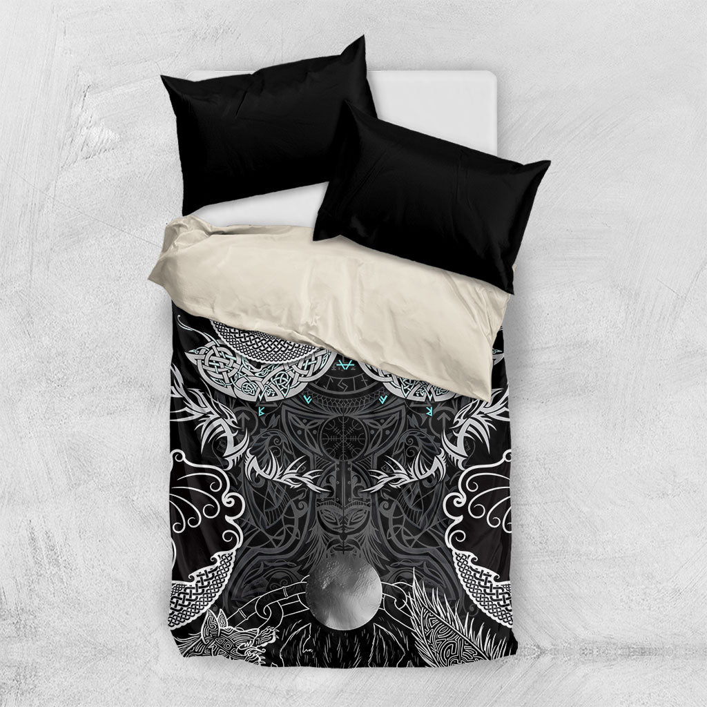 Viking Odin Ravens Wolves Vegvisir Bedding Set Nordic Knotwork Mythology Engraving Style