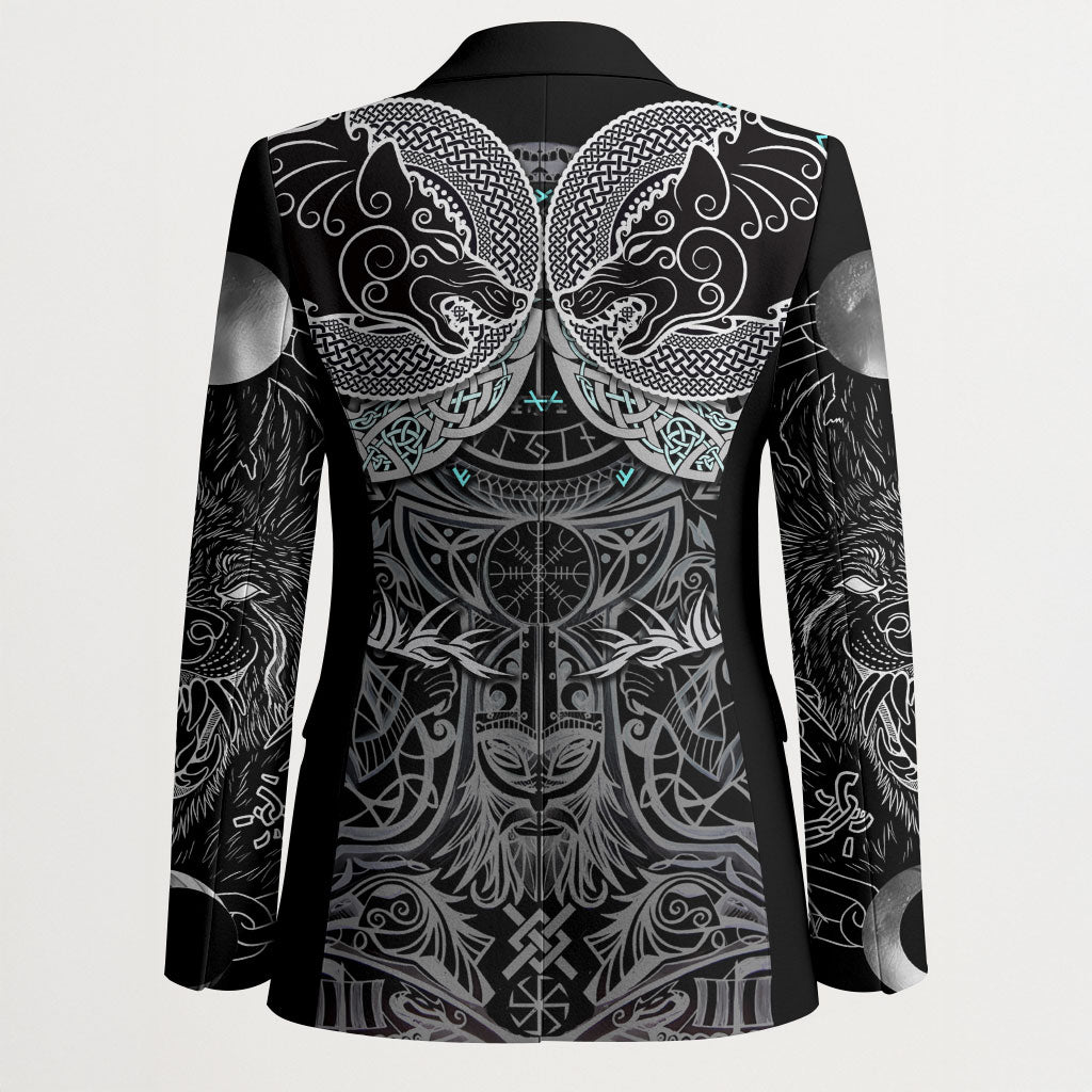 Viking Odin Ravens Wolves Vegvisir Blazer Nordic Knotwork Mythology Engraving Style
