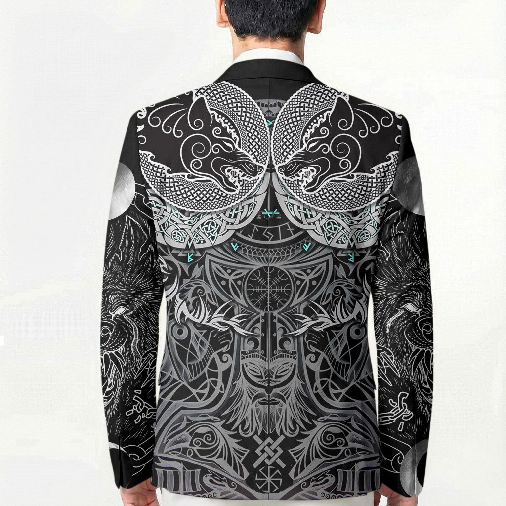 Viking Odin Ravens Wolves Vegvisir Blazer Nordic Knotwork Mythology Engraving Style