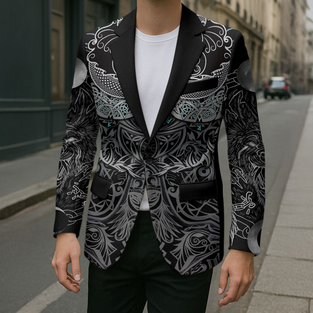 Viking Odin Ravens Wolves Vegvisir Blazer Nordic Knotwork Mythology Engraving Style