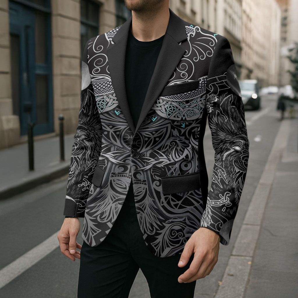 Viking Odin Ravens Wolves Vegvisir Blazer Nordic Knotwork Mythology Engraving Style