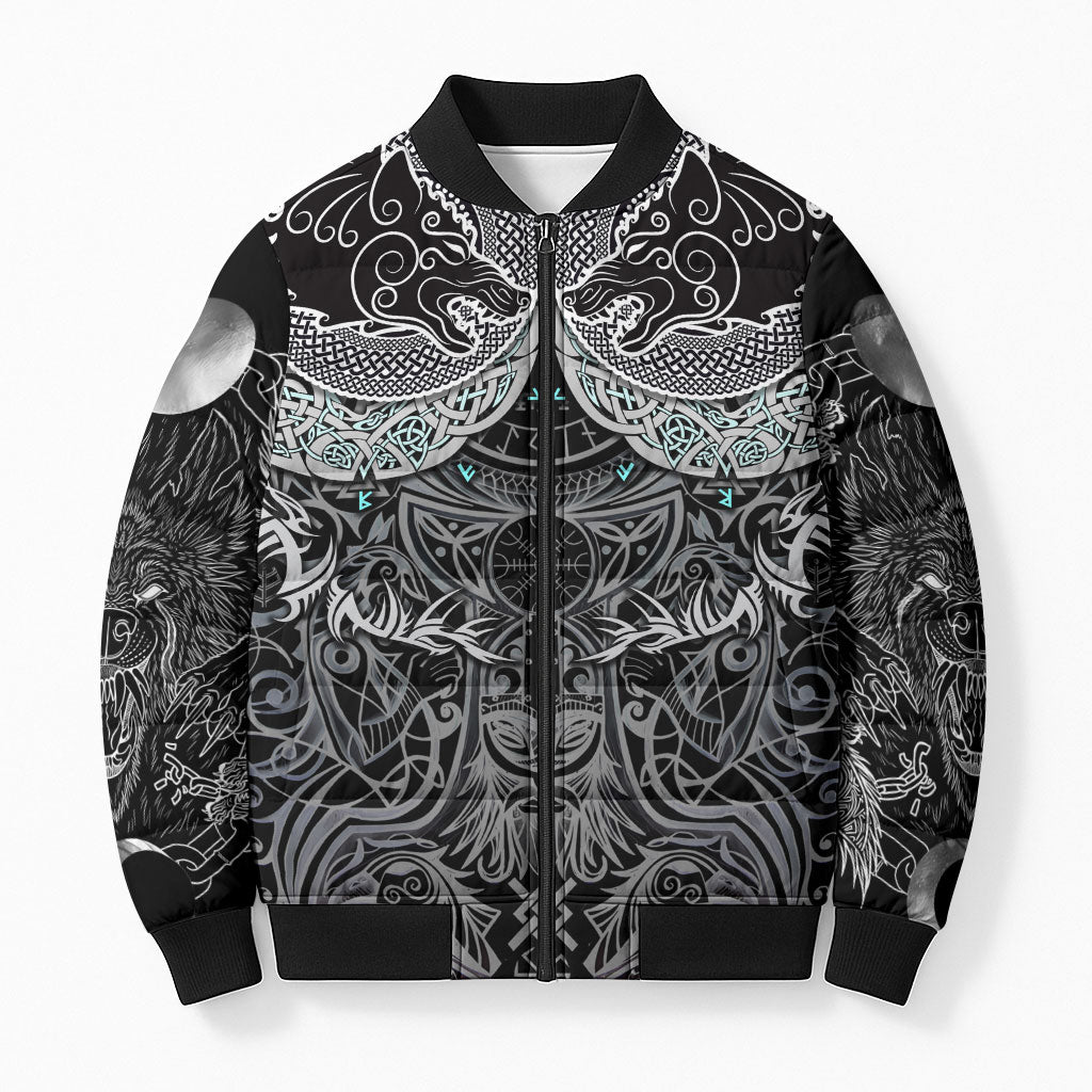 Viking Odin Ravens Wolves Vegvisir Bomber Puffer Jacket Nordic Knotwork Mythology Engraving Style