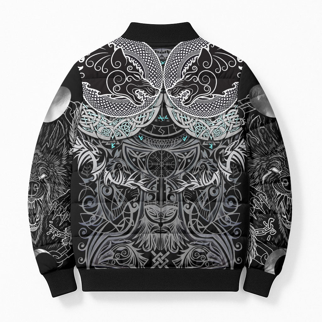 Viking Odin Ravens Wolves Vegvisir Bomber Puffer Jacket Nordic Knotwork Mythology Engraving Style