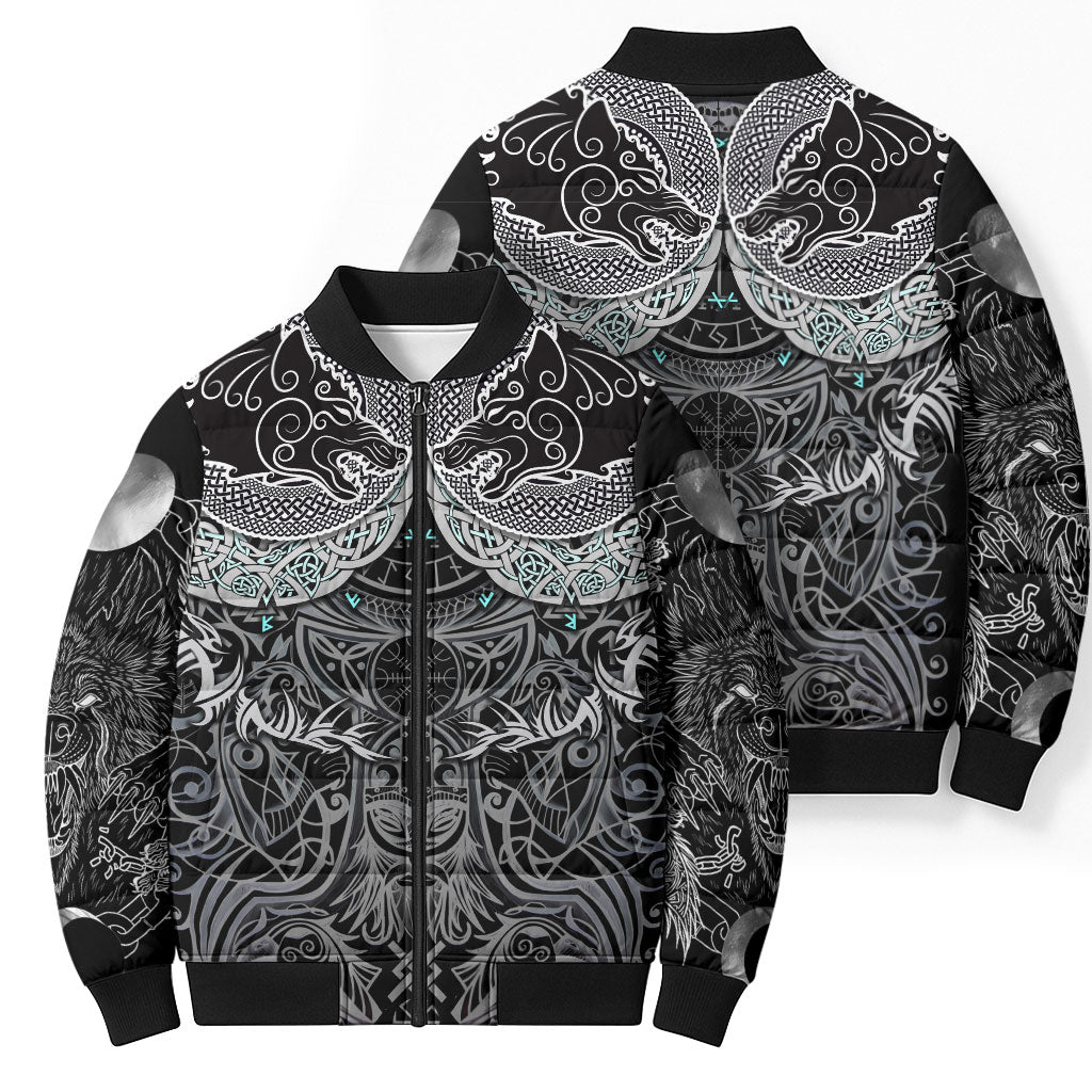 Viking Odin Ravens Wolves Vegvisir Bomber Puffer Jacket Nordic Knotwork Mythology Engraving Style