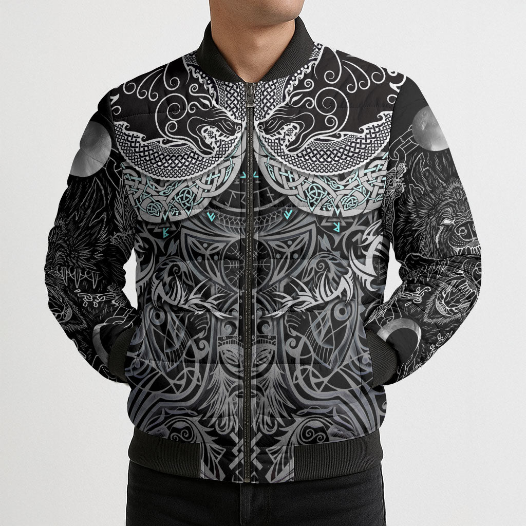 Viking Odin Ravens Wolves Vegvisir Bomber Puffer Jacket Nordic Knotwork Mythology Engraving Style