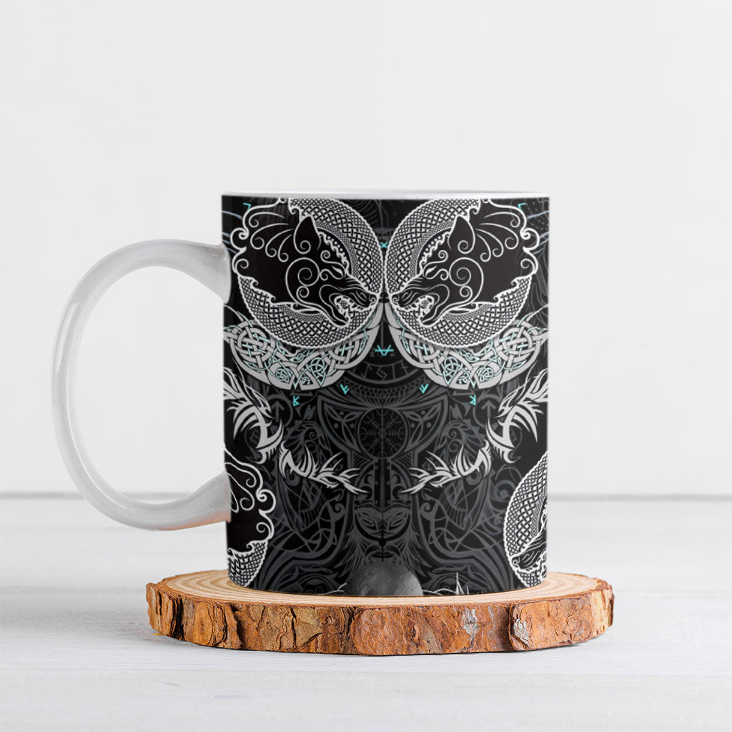 Viking Odin Ravens Wolves Vegvisir Ceramic Mug Nordic Knotwork Mythology Engraving Style