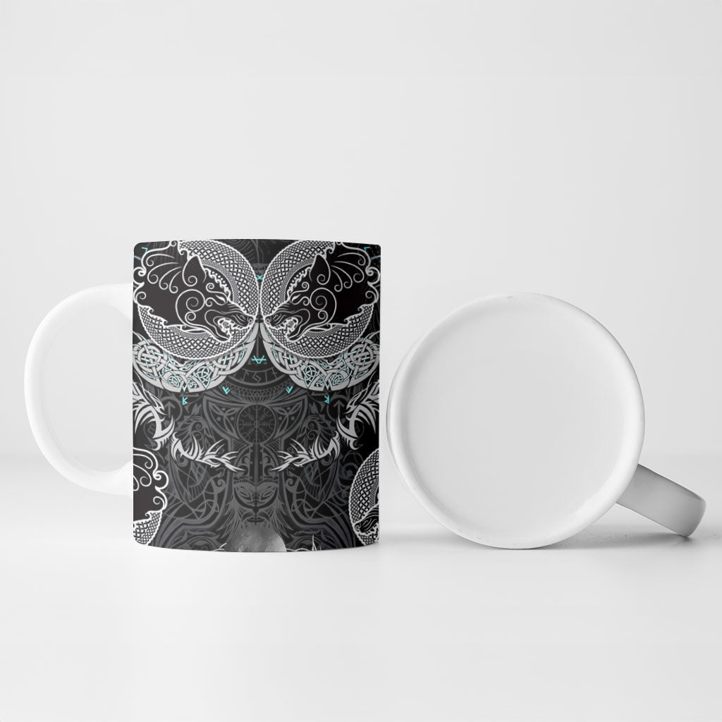 Viking Odin Ravens Wolves Vegvisir Ceramic Mug Nordic Knotwork Mythology Engraving Style
