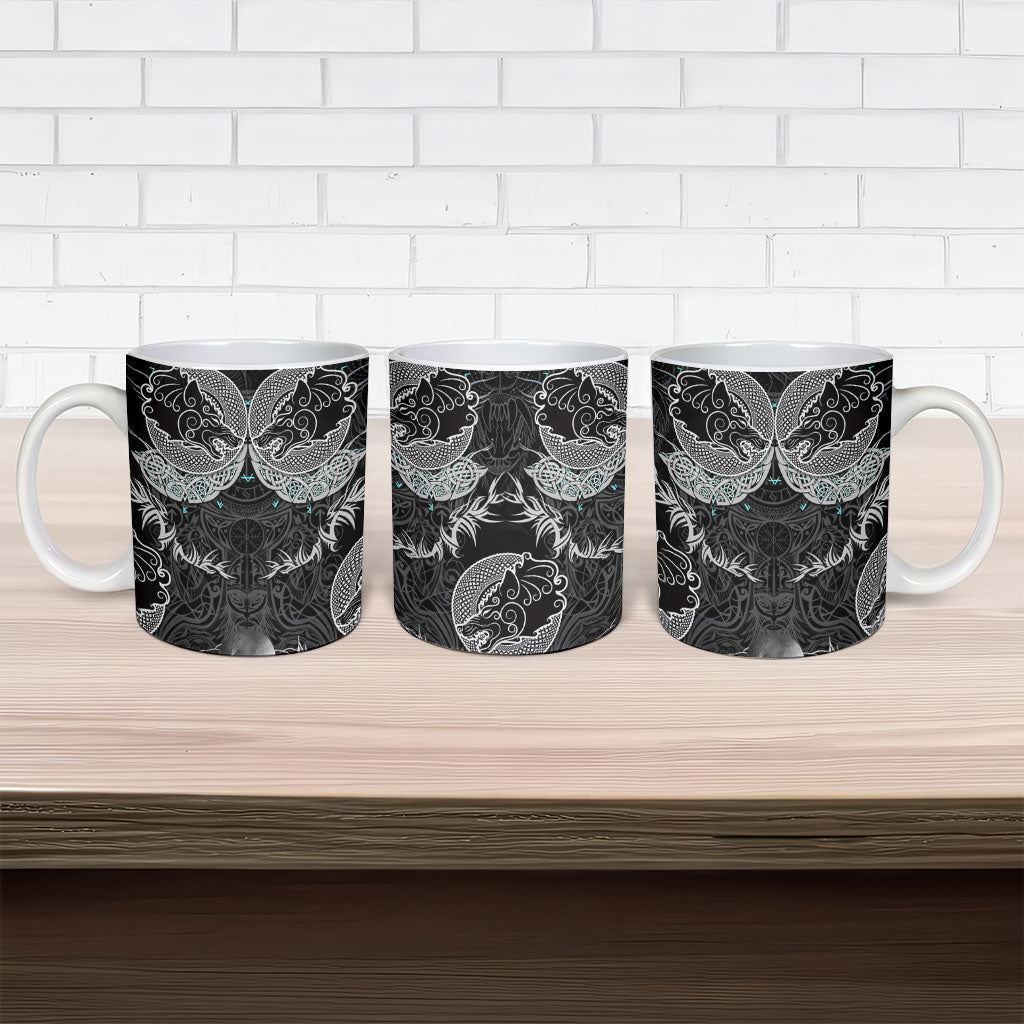 Viking Odin Ravens Wolves Vegvisir Ceramic Mug Nordic Knotwork Mythology Engraving Style