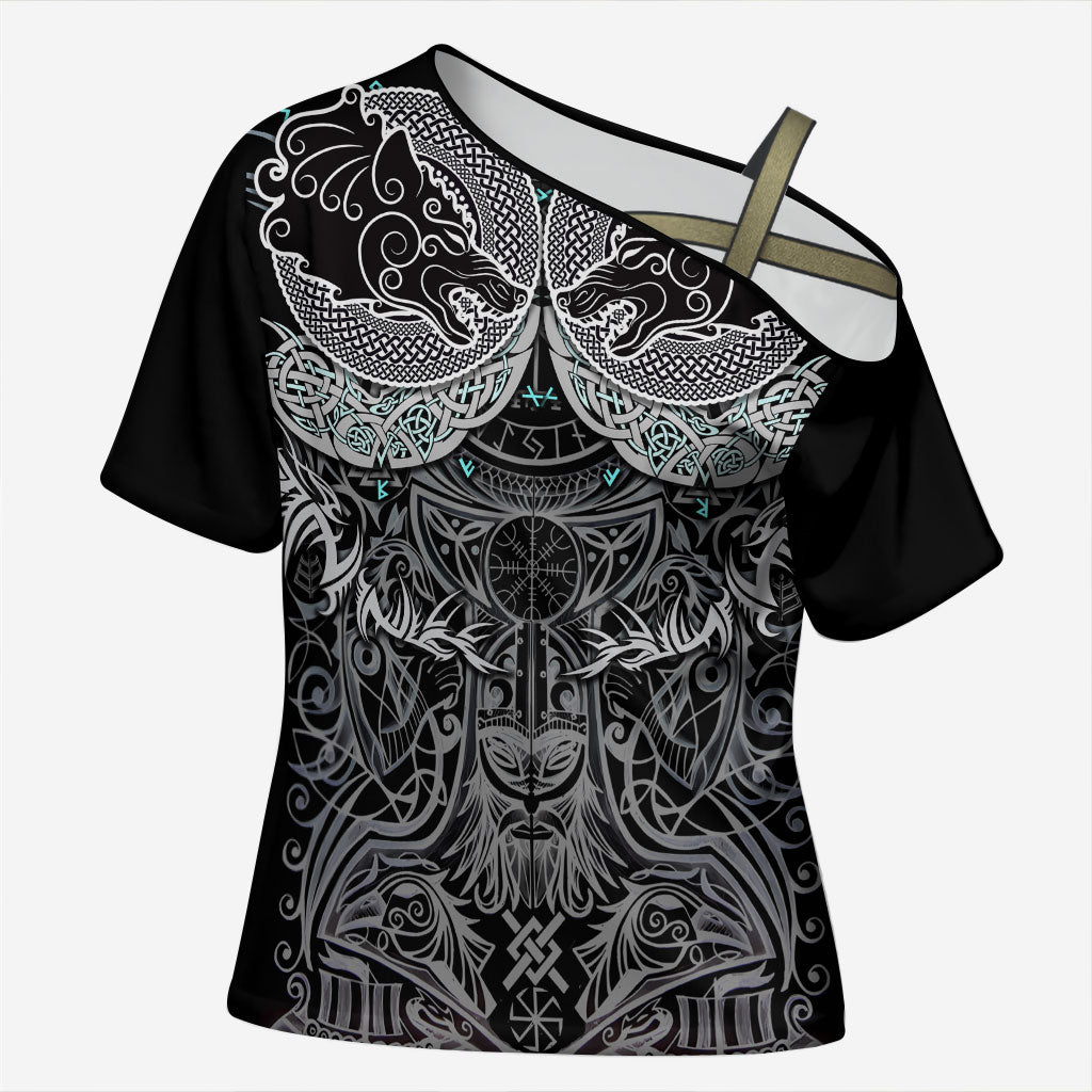 Viking Odin Ravens Wolves Vegvisir Cross Shoulder Shirt Nordic Knotwork Mythology Engraving Style