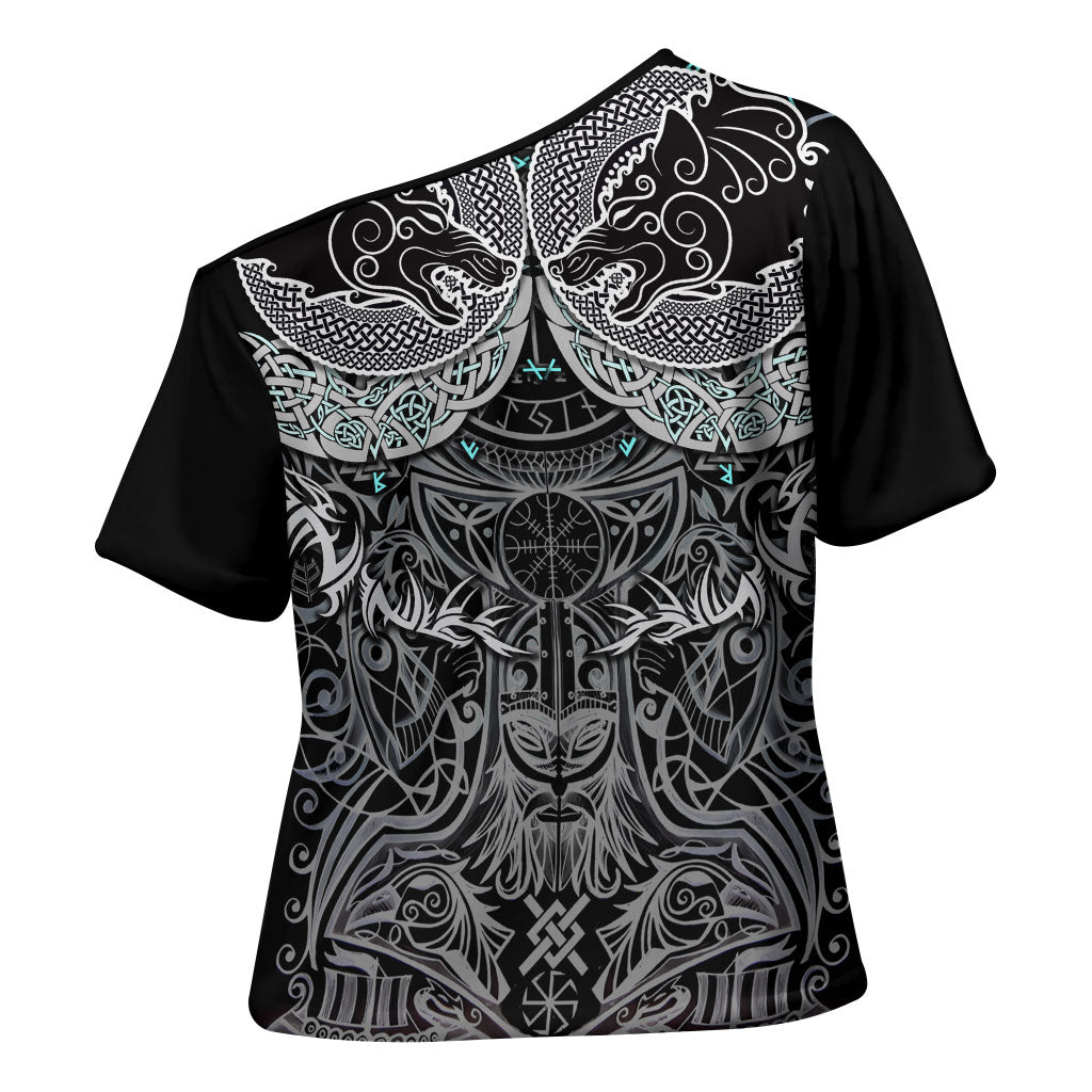 Viking Odin Ravens Wolves Vegvisir Cross Shoulder Shirt Nordic Knotwork Mythology Engraving Style