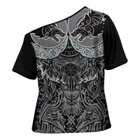 Viking Odin Ravens Wolves Vegvisir Cross Shoulder Shirt Nordic Knotwork Mythology Engraving Style