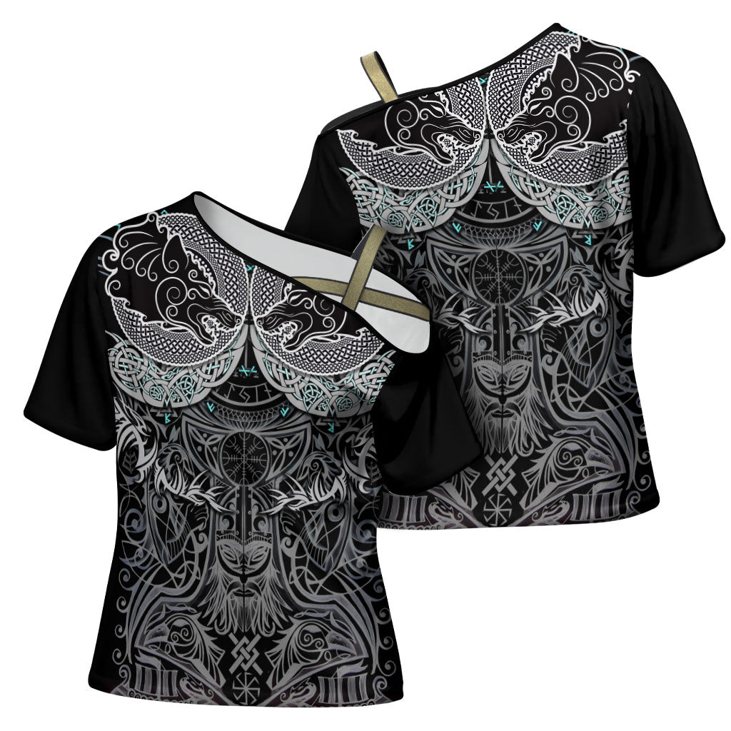 Viking Odin Ravens Wolves Vegvisir Cross Shoulder Shirt Nordic Knotwork Mythology Engraving Style