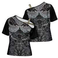 Viking Odin Ravens Wolves Vegvisir Cross Shoulder Shirt Nordic Knotwork Mythology Engraving Style