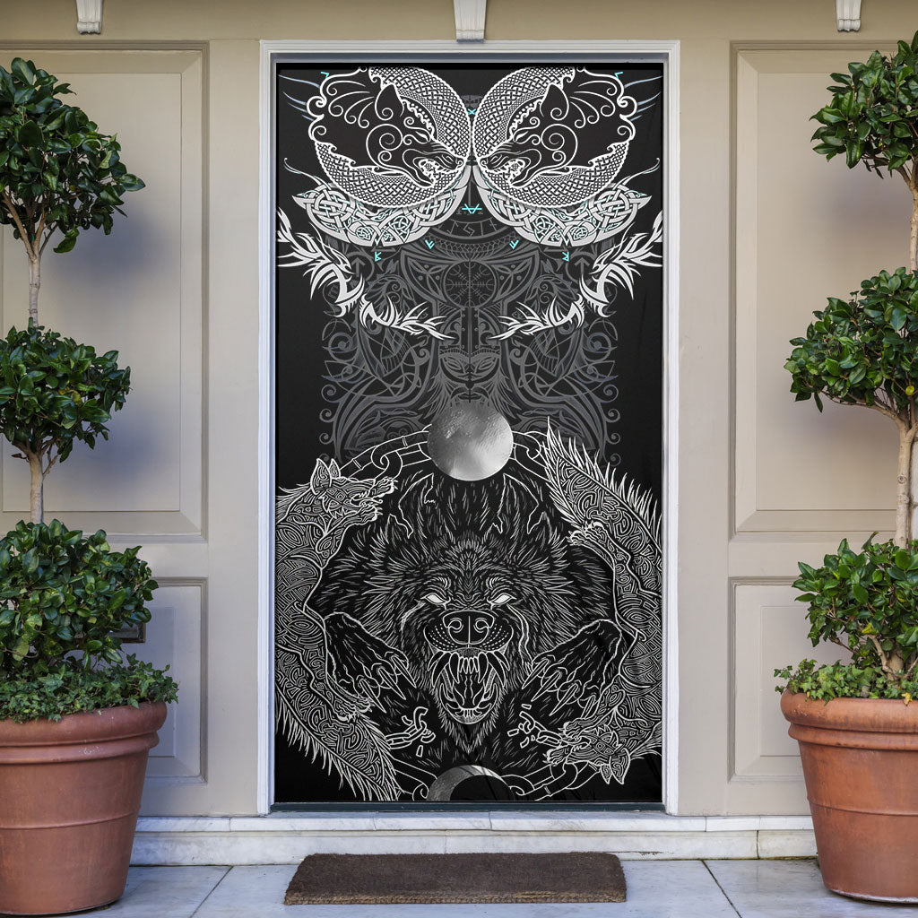 Viking Odin Ravens Wolves Vegvisir Door Cover Nordic Knotwork Mythology Engraving Style