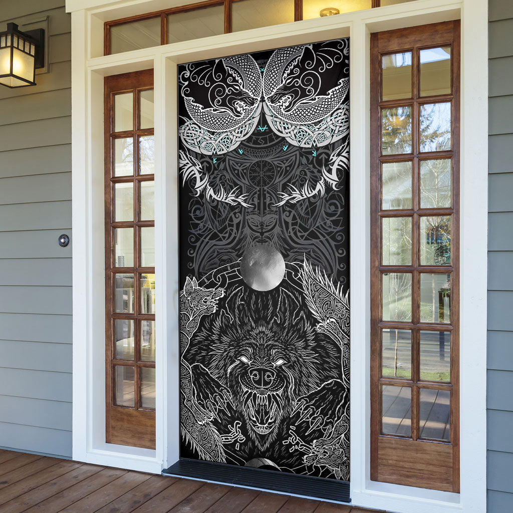 Viking Odin Ravens Wolves Vegvisir Door Cover Nordic Knotwork Mythology Engraving Style