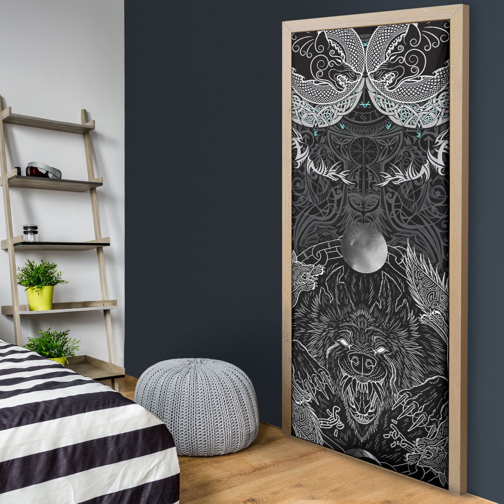 Viking Odin Ravens Wolves Vegvisir Door Cover Nordic Knotwork Mythology Engraving Style
