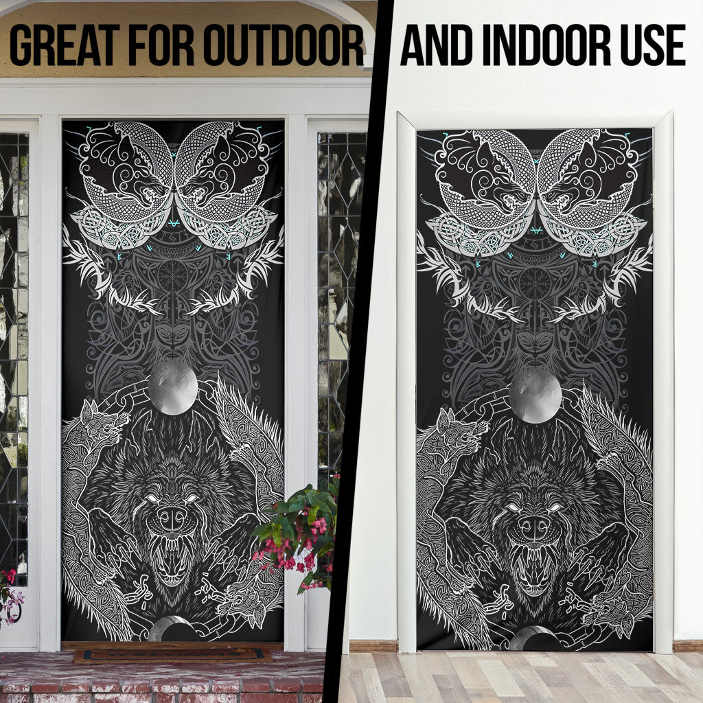 Viking Odin Ravens Wolves Vegvisir Door Cover Nordic Knotwork Mythology Engraving Style