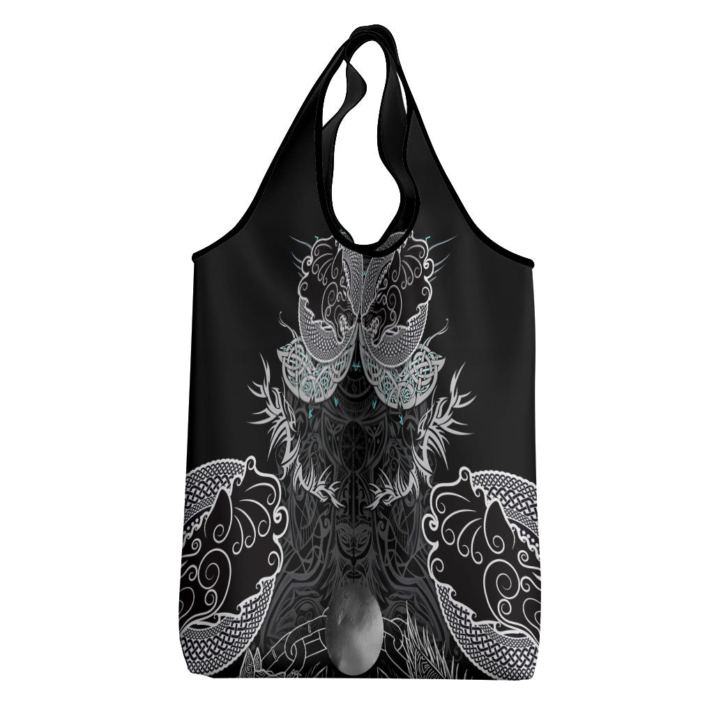 Viking Odin Ravens Wolves Vegvisir Grocery Bag Nordic Knotwork Mythology Engraving Style