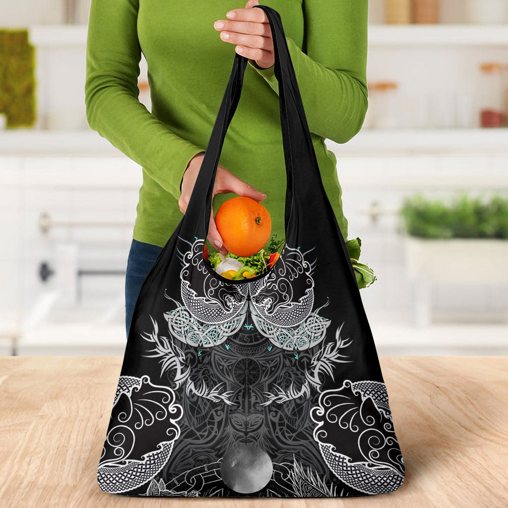Viking Odin Ravens Wolves Vegvisir Grocery Bag Nordic Knotwork Mythology Engraving Style