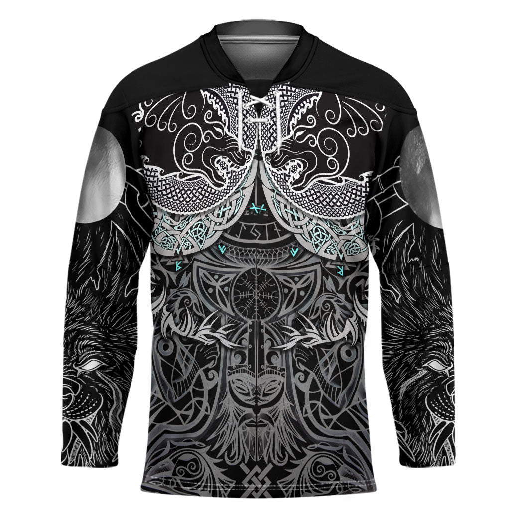 Viking Odin Ravens Wolves Vegvisir Hockey Jersey Nordic Knotwork Mythology Engraving Style