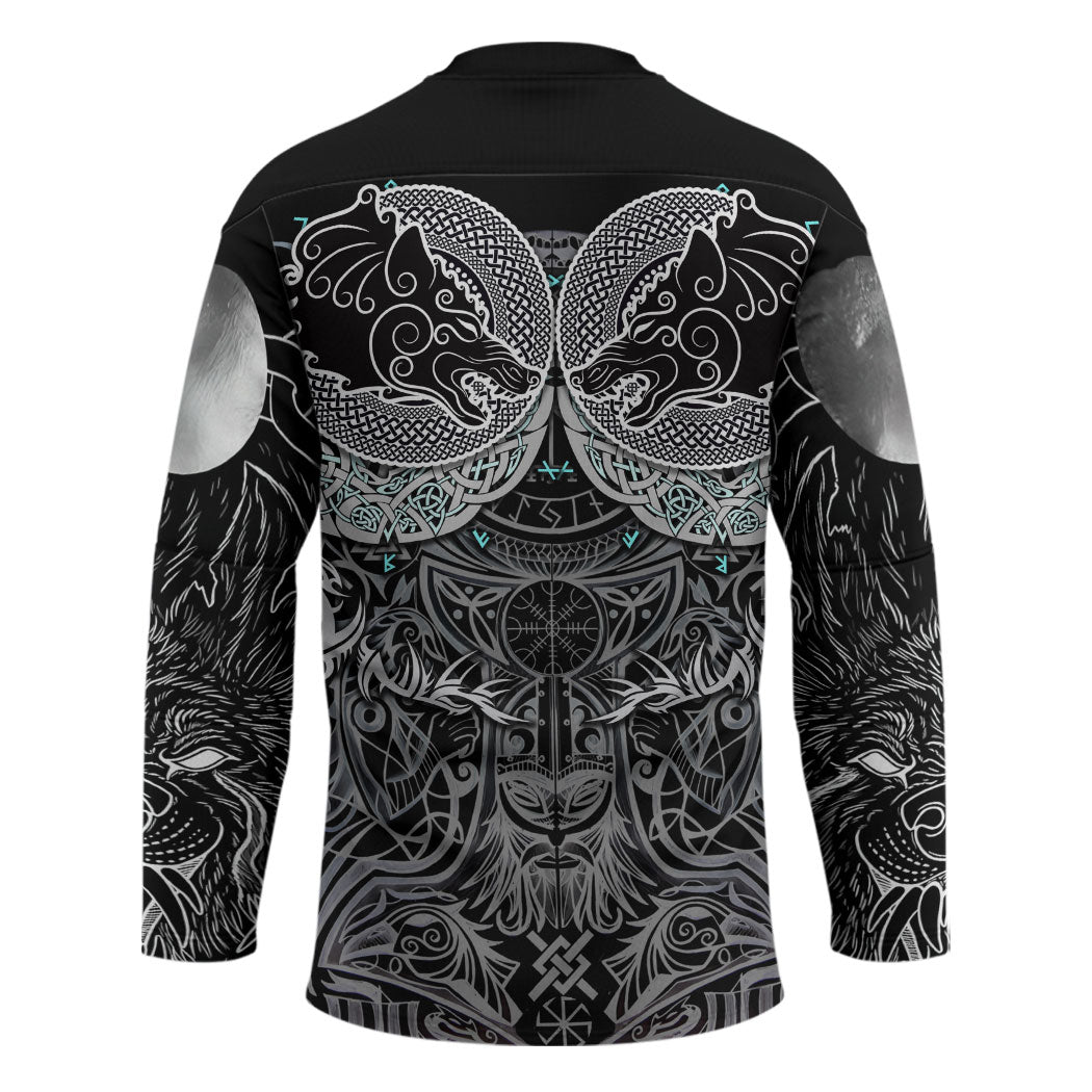 Viking Odin Ravens Wolves Vegvisir Hockey Jersey Nordic Knotwork Mythology Engraving Style